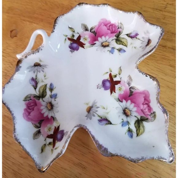 Vintage Summer Rose Leaf Shape Trinket Dish floral design gold trim 5" - Picture 3 of 6